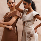 Beige Playsuit With Dori Embroidered Pockets And Scalloped Collar - Western Era Jumpsuits for women