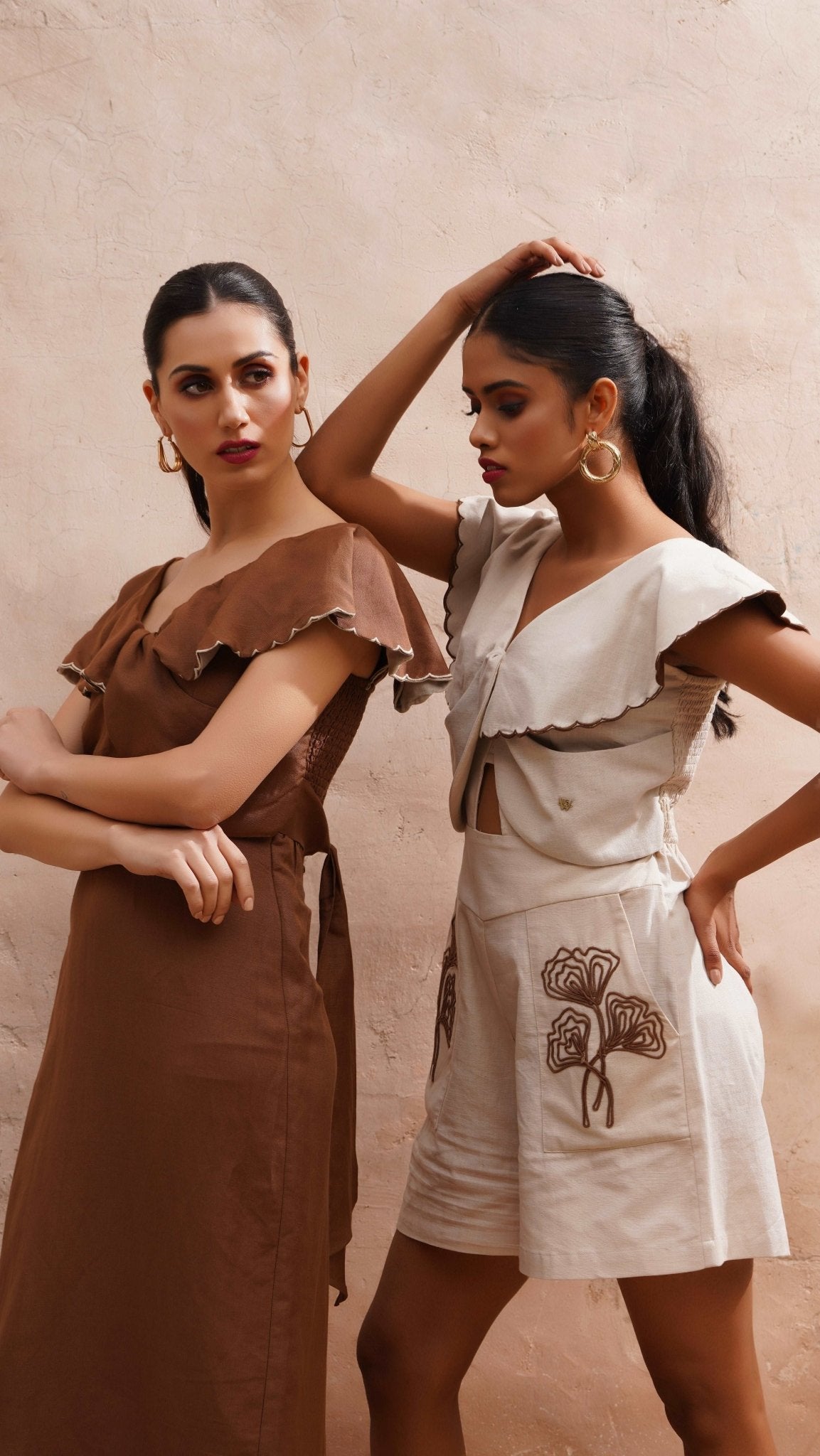 Beige Playsuit With Dori Embroidered Pockets And Scalloped Collar - Western Era Jumpsuits for women