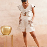 Beige Playsuit With Dori Embroidered Pockets And Scalloped Collar - Western Era Jumpsuits for women