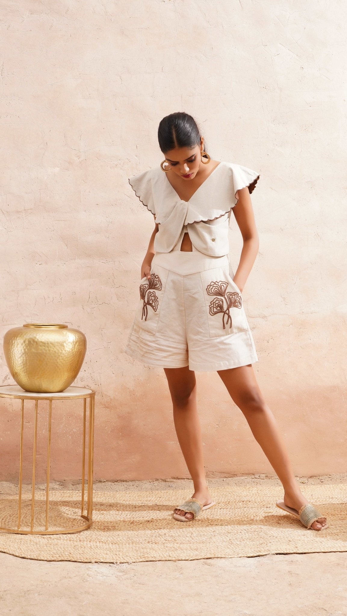 Beige Playsuit With Dori Embroidered Pockets And Scalloped Collar - Western Era Jumpsuits for women