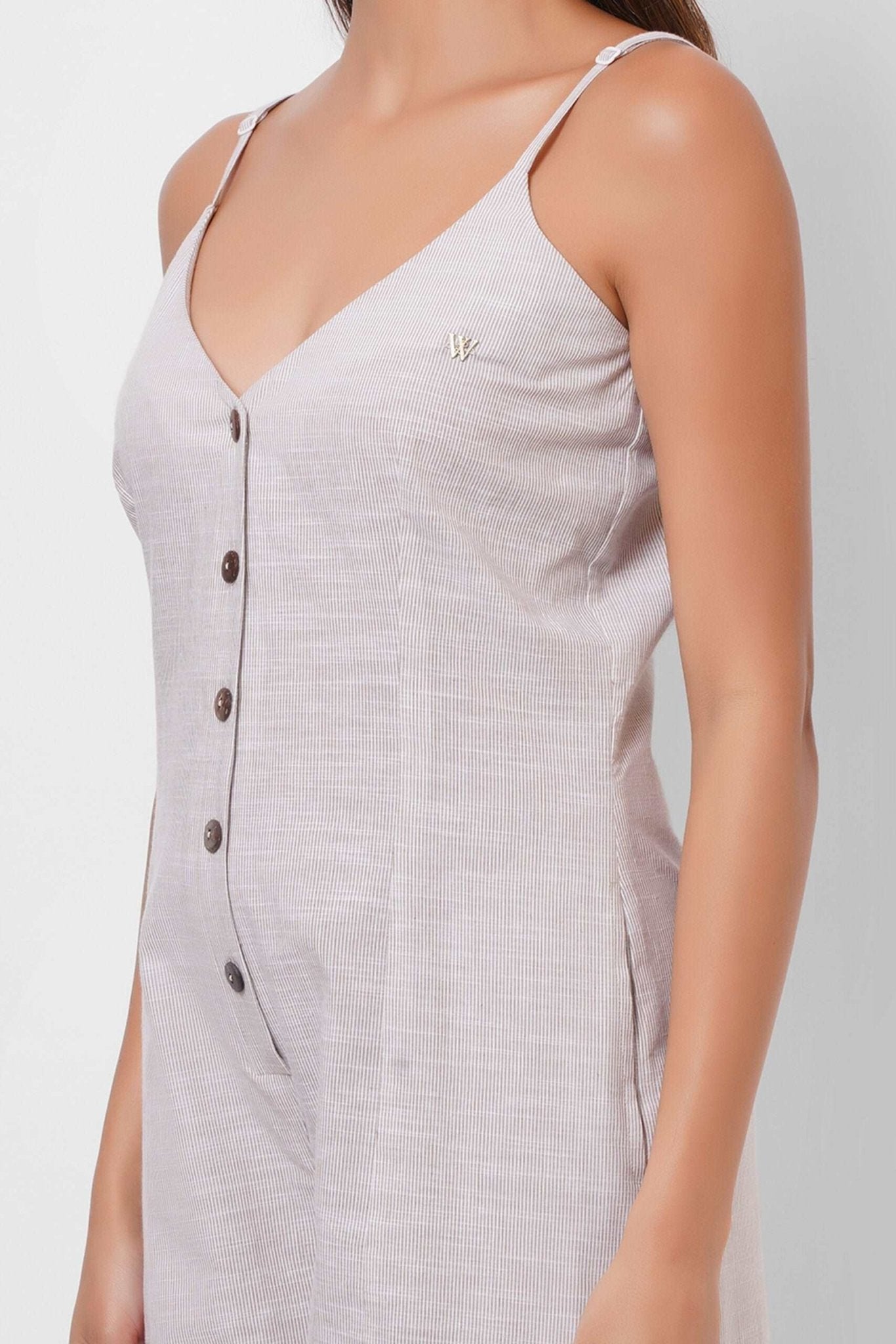 Beige Stripes V - Neck Jumpsuit with Wooden Buttons - Western Era Jumpsuits for women