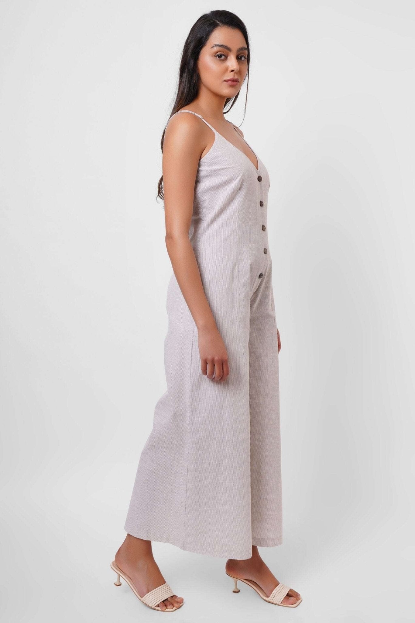 Beige Stripes V - Neck Jumpsuit with Wooden Buttons - Western Era Jumpsuits for women