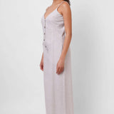Beige Stripes V - Neck Jumpsuit with Wooden Buttons - Western Era Jumpsuits for women