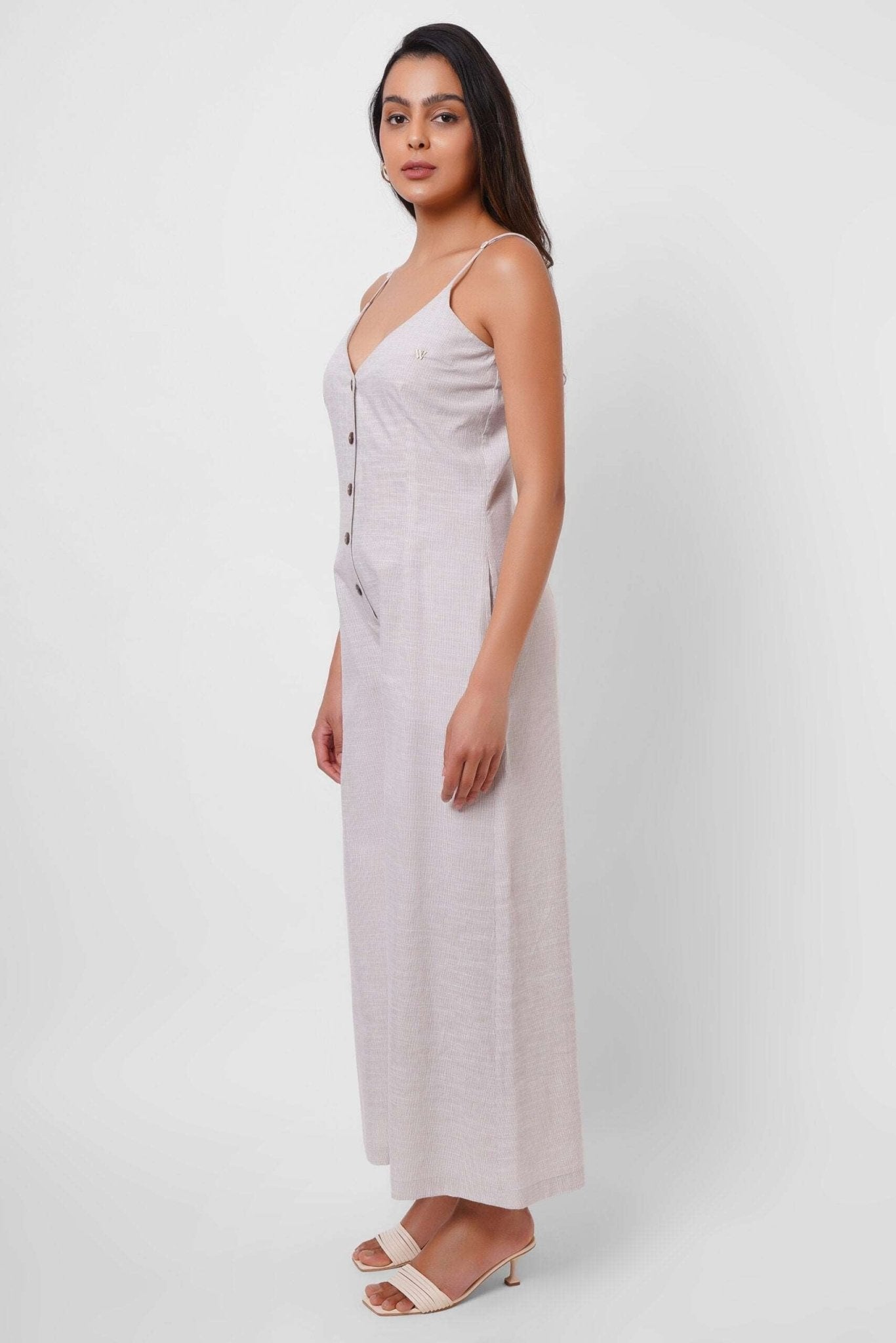 Beige Stripes V - Neck Jumpsuit with Wooden Buttons - Western Era Jumpsuits for women