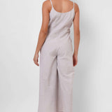 Beige Stripes V - Neck Jumpsuit with Wooden Buttons - Western Era Jumpsuits for women