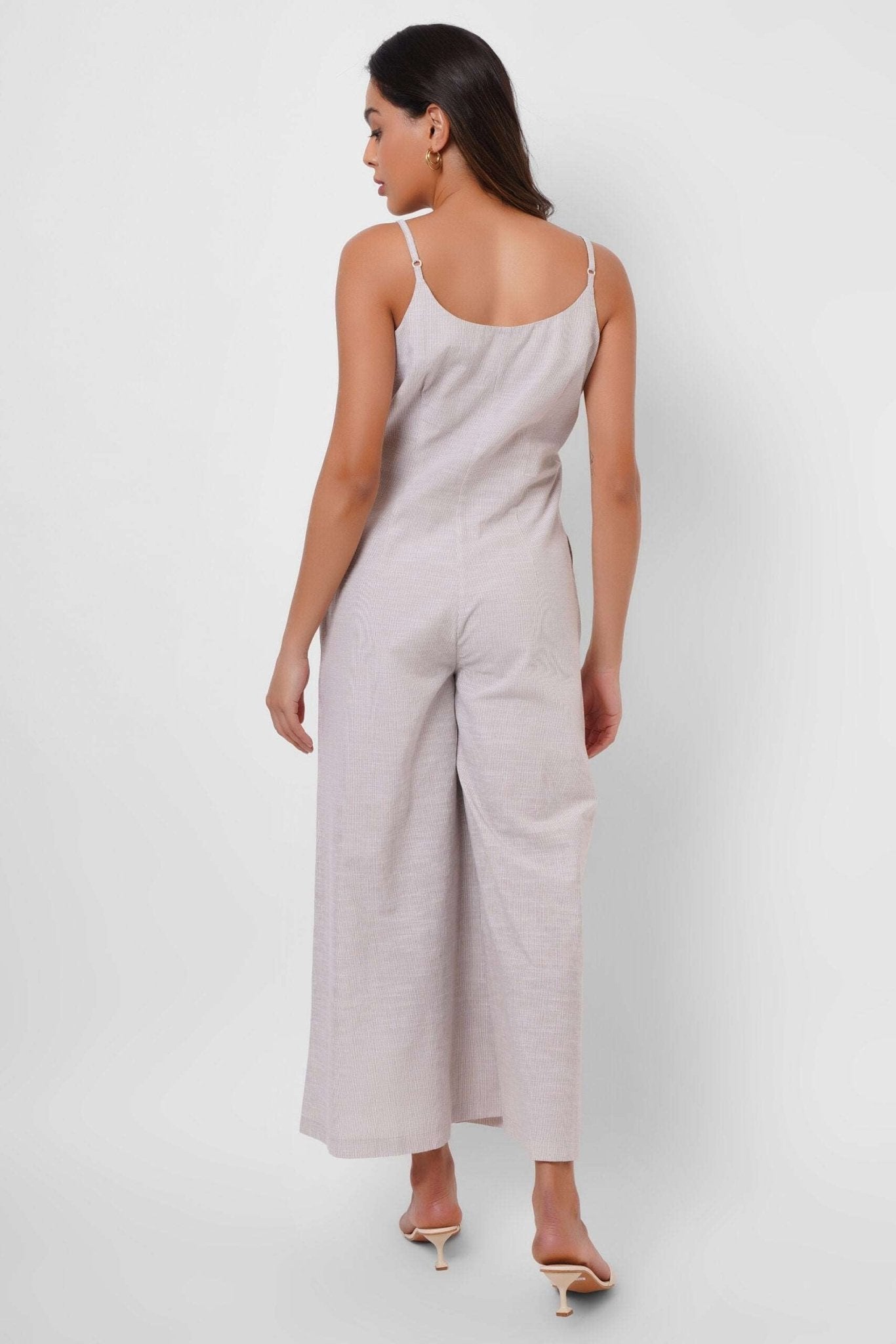 Beige Stripes V - Neck Jumpsuit with Wooden Buttons - Western Era Jumpsuits for women