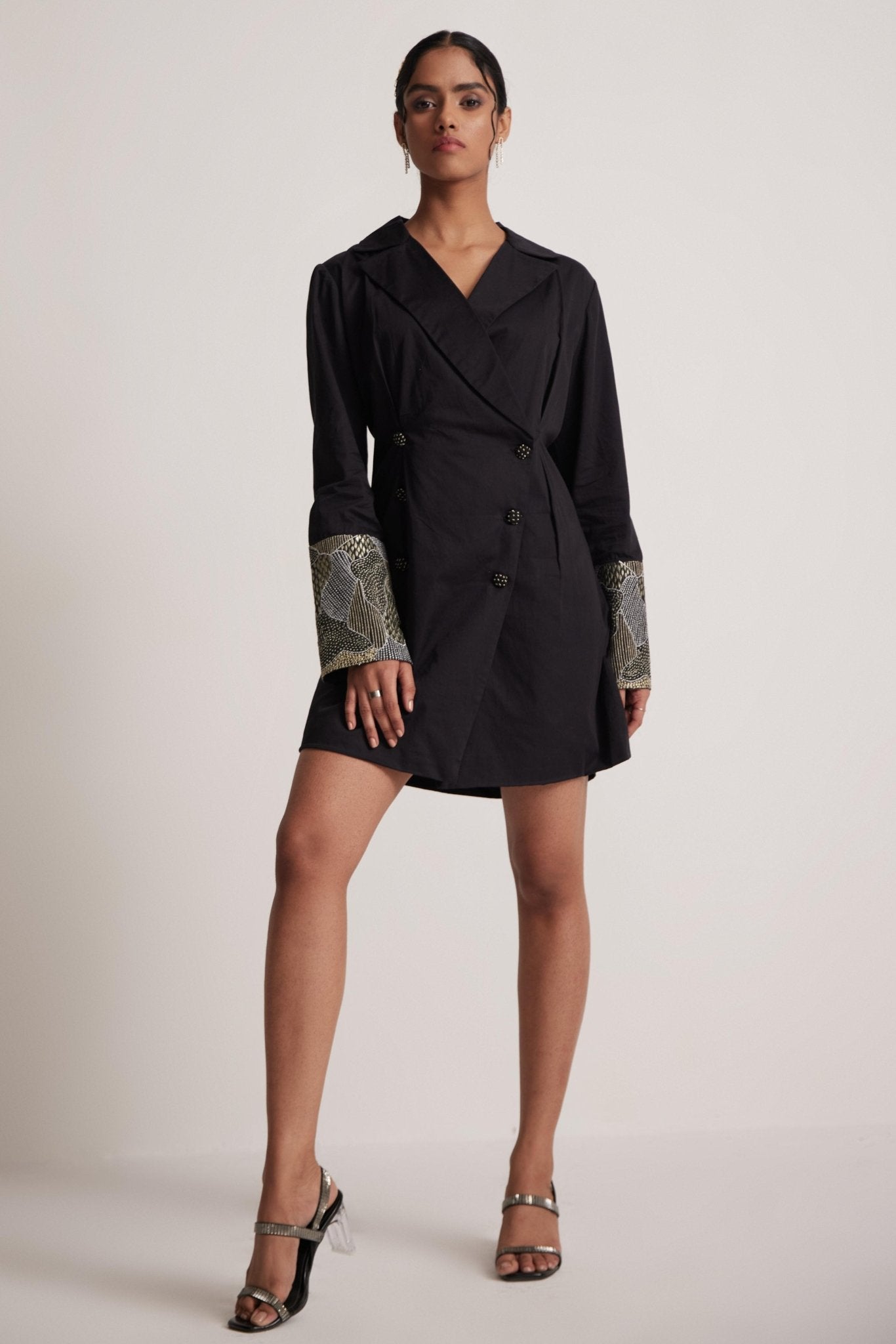 Black Dress Blazer with Zari Embroidered Cuff and Button - Western Era Embroidery for women