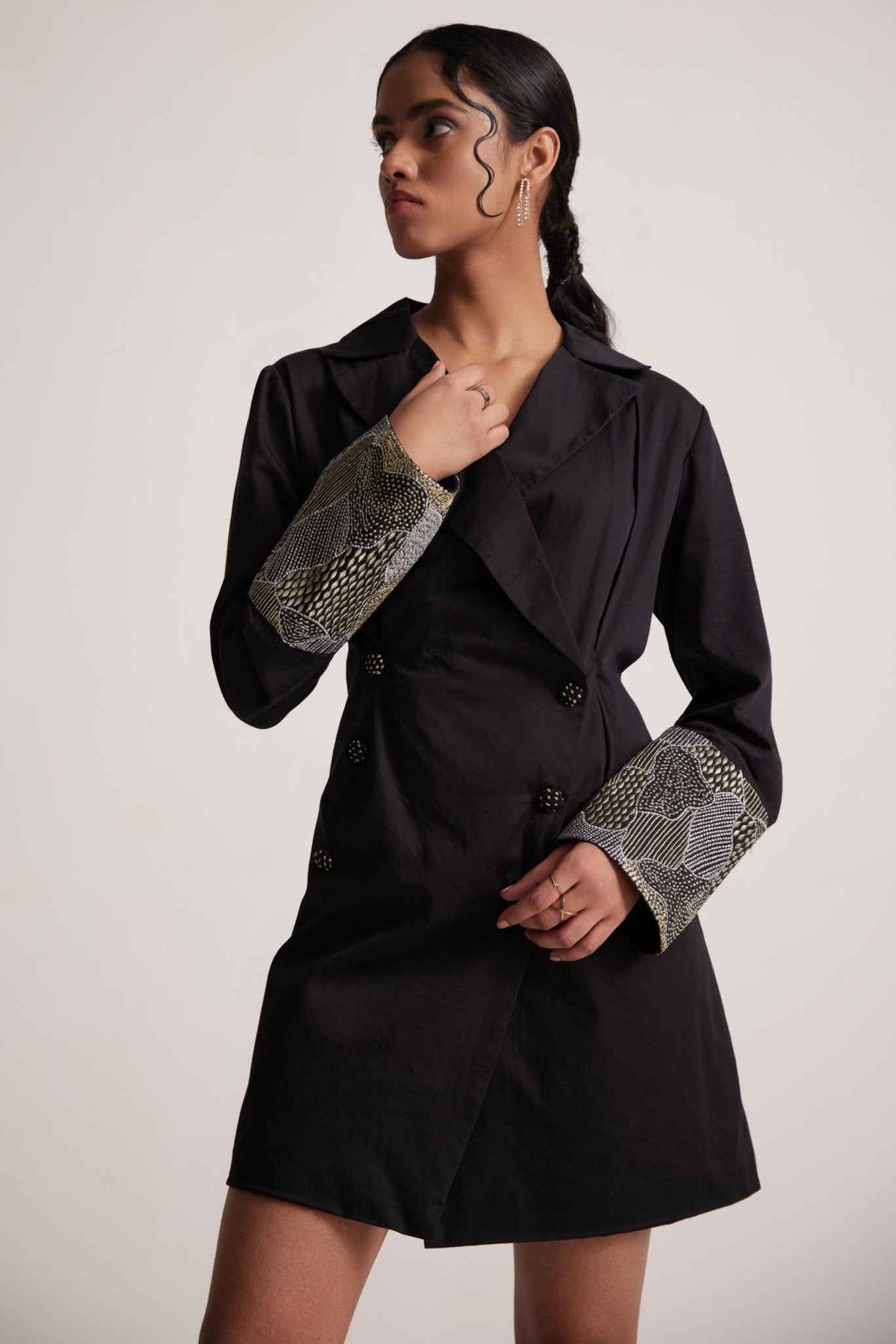 Black Dress Blazer with Zari Embroidered Cuff and Button - Western Era Embroidery for women
