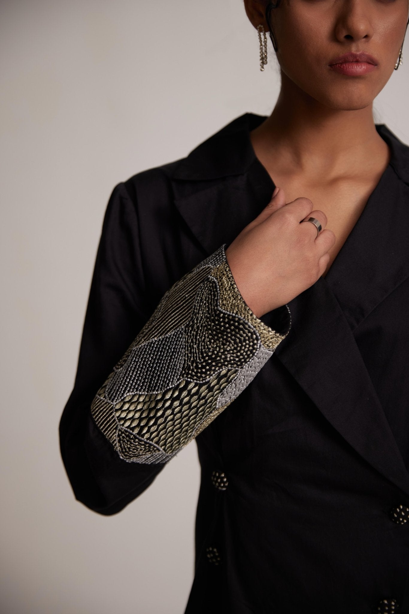 Black Dress Blazer with Zari Embroidered Cuff and Button - Western Era Embroidery for women