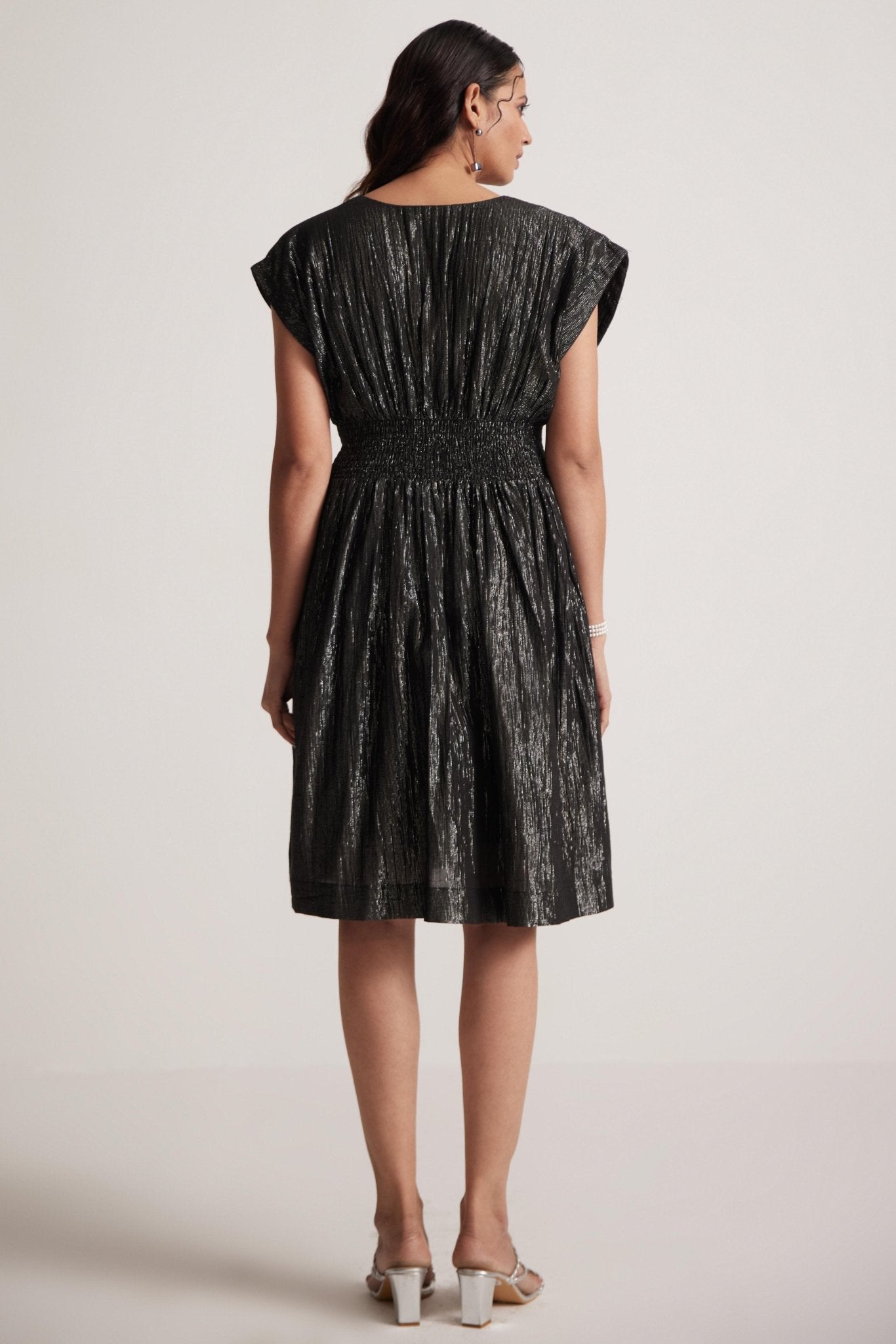 Black lurex Event Wear V - Neck Dress With Front Pin Tucks - Western Era Dresses for women