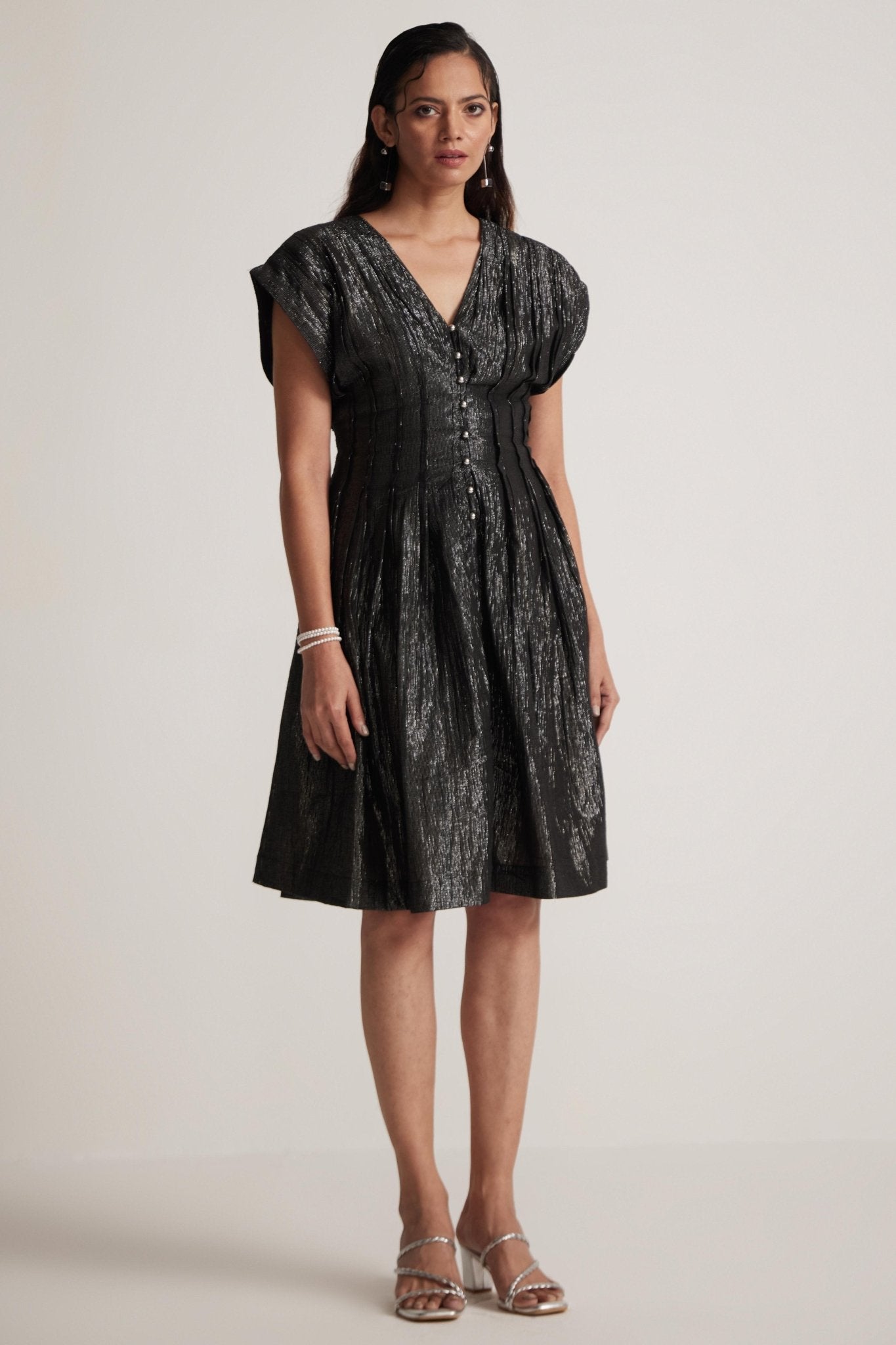 Black lurex Event Wear V - Neck Dress With Front Pin Tucks - Western Era Dresses for women