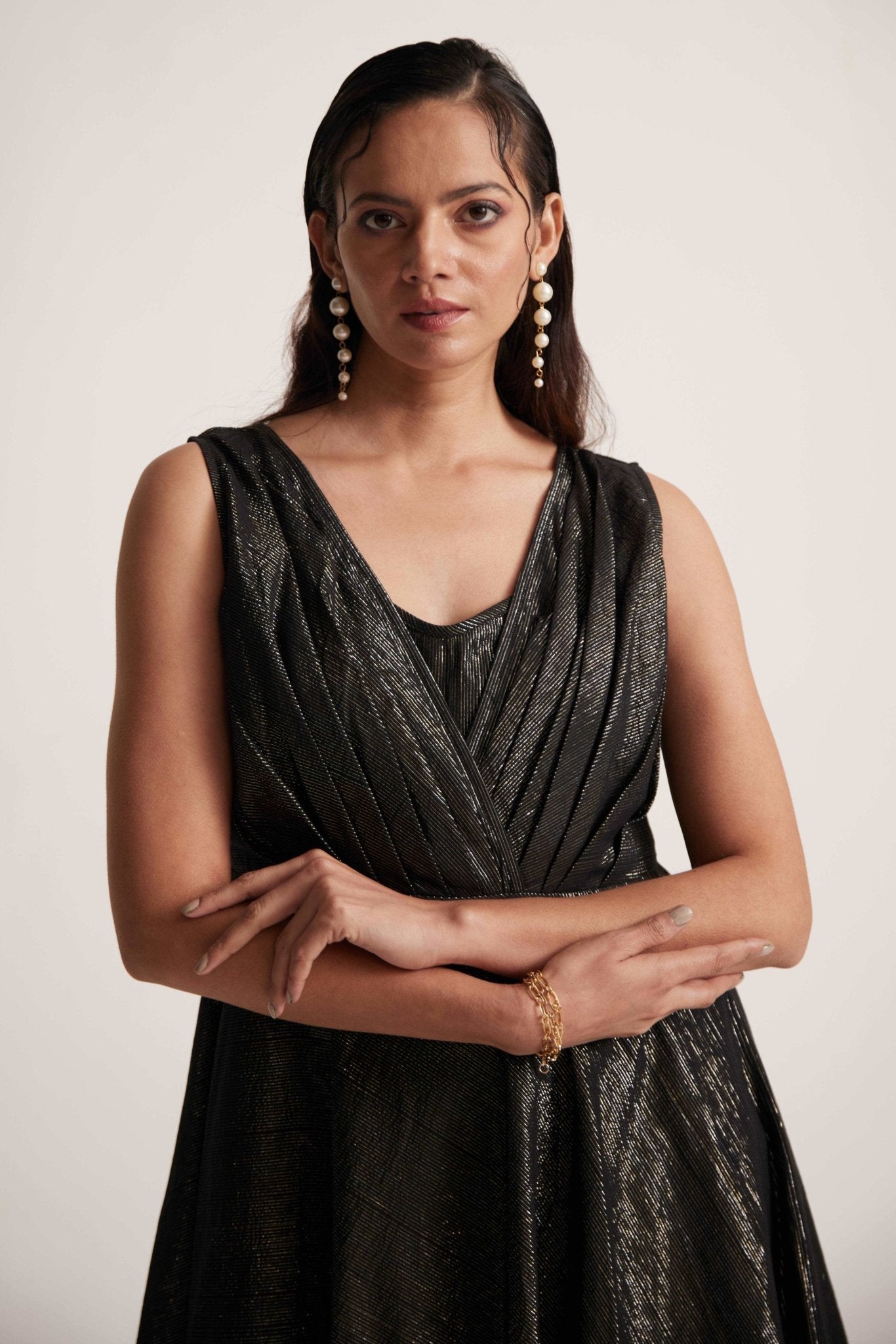 Black Lurex Party Wear Dress With Front Pleats