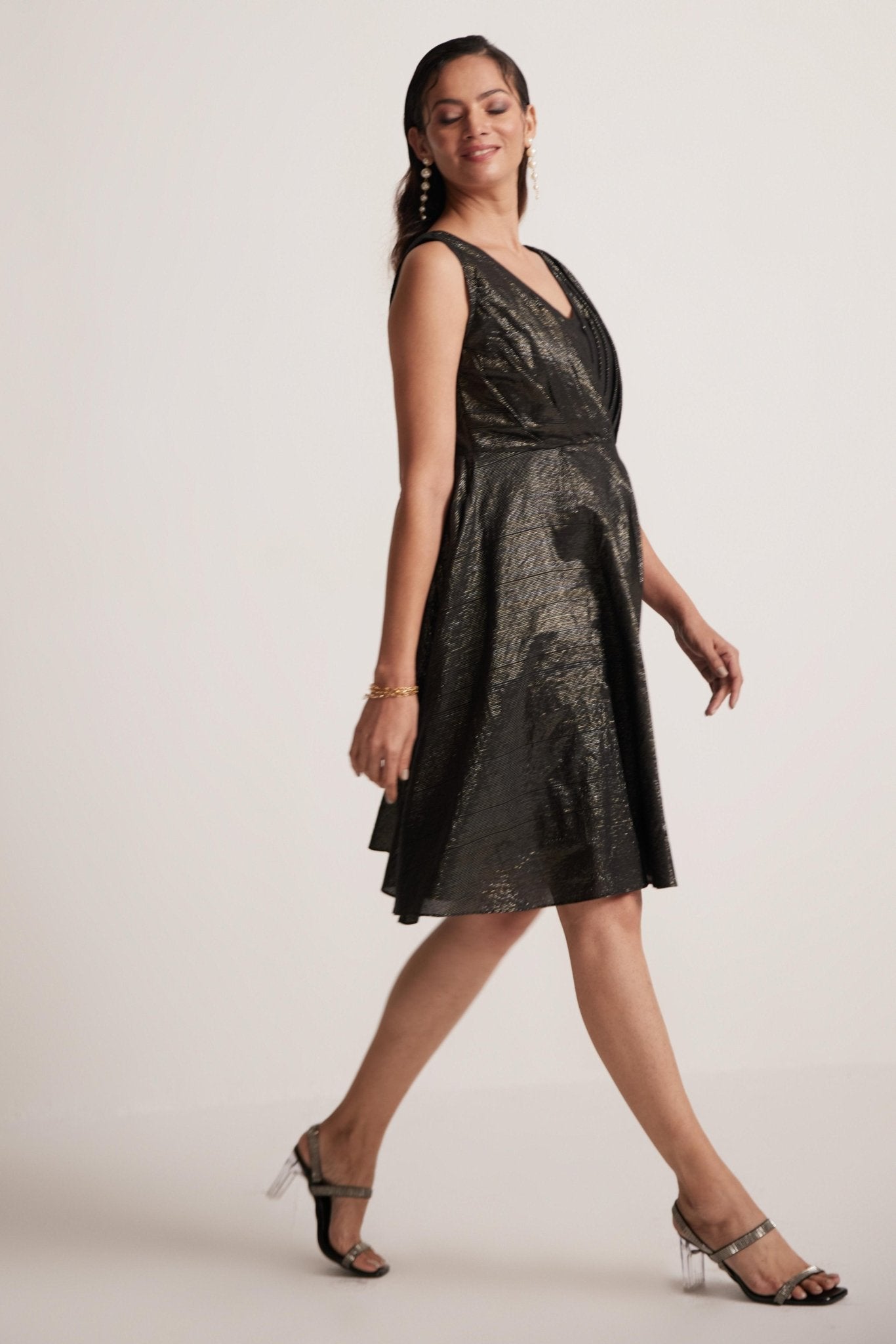 Black Lurex Party Wear Dress With Front Pleats - Western Era Dresses for women