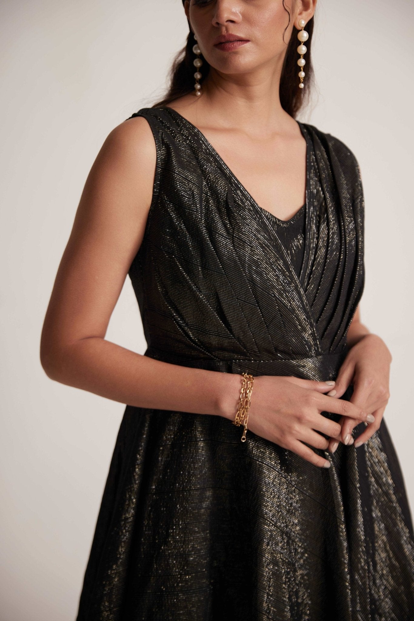 Black Lurex Party Wear Dress With Front Pleats - Western Era Dresses for women