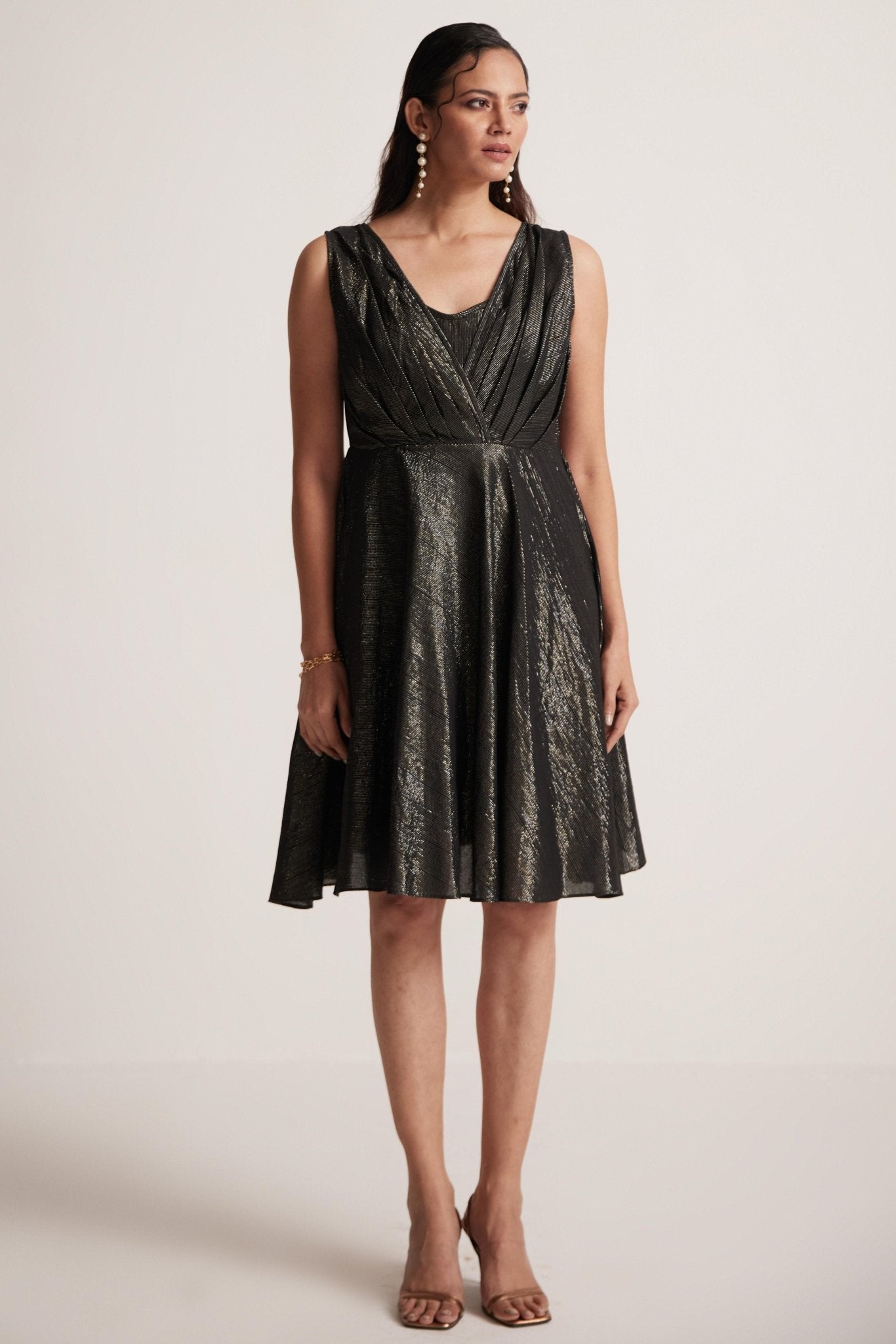 Black Lurex Party Wear Dress With Front Pleats - Western Era Dresses for women