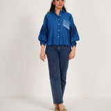 Blue Balloon Sleeves Face Embroidery Shirt With Rose Stich Button - Western Era Tops for women