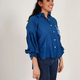 Blue Balloon Sleeves Face Embroidery Shirt With Rose Stich Button - Western Era Tops for women