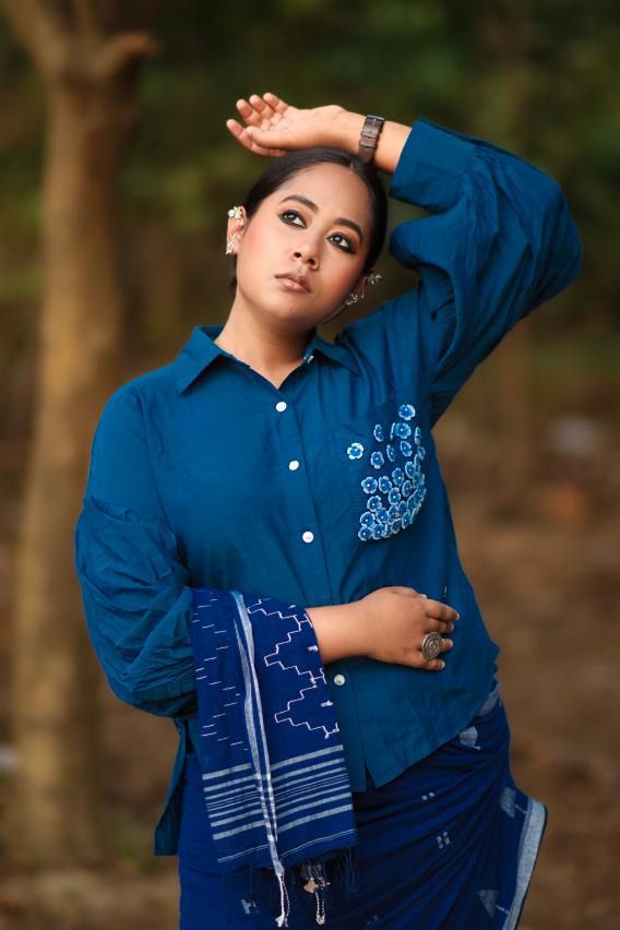 Blue Balloon Sleeves Face Embroidery Shirt With Rose Stich Button - Western Era Tops for women