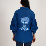 Blue Balloon Sleeves Face Embroidery Shirt With Rose Stich Button - Western Era Tops for women