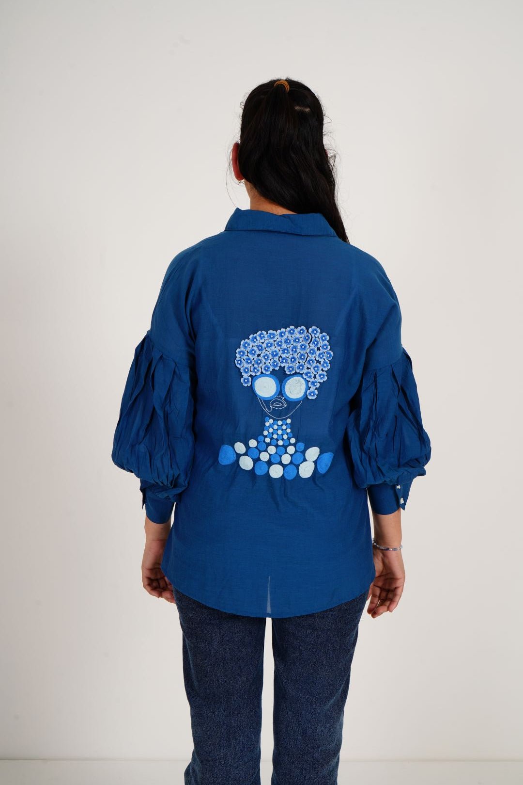 Blue Balloon Sleeves Face Embroidery Shirt With Rose Stich Button - Western Era Tops for women