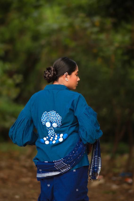 Blue Balloon Sleeves Face Embroidery Shirt With Rose Stich Button - Western Era Tops for women