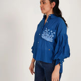 Blue Balloon Sleeves Face Embroidery Shirt With Rose Stich Button - Western Era Tops for women