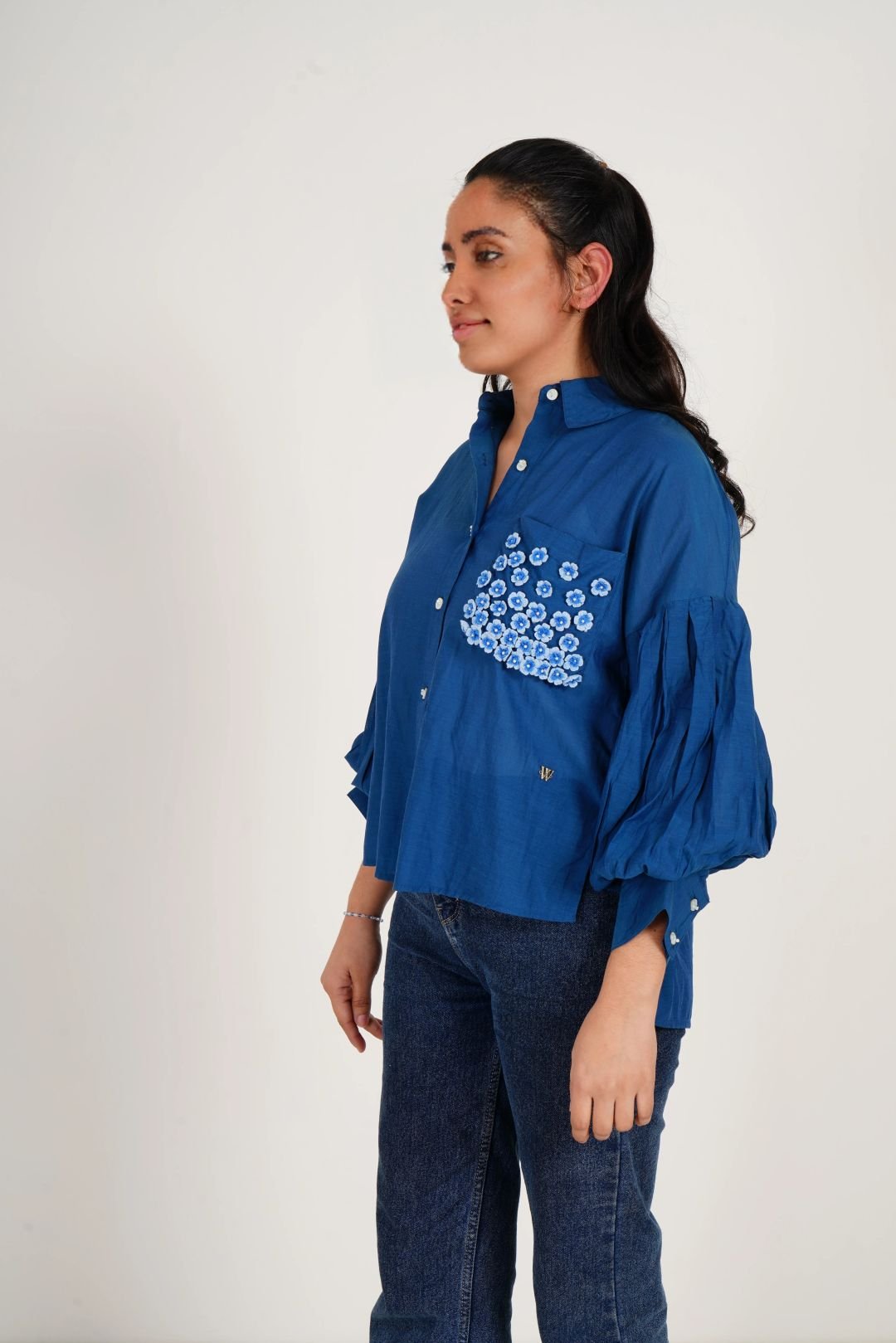 Blue Balloon Sleeves Face Embroidery Shirt With Rose Stich Button - Western Era Tops for women