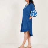Blue Embroidered Balloon Sleeves And V - Neck Collar Long Dress With Spaghetti - Western Era Dresses for women