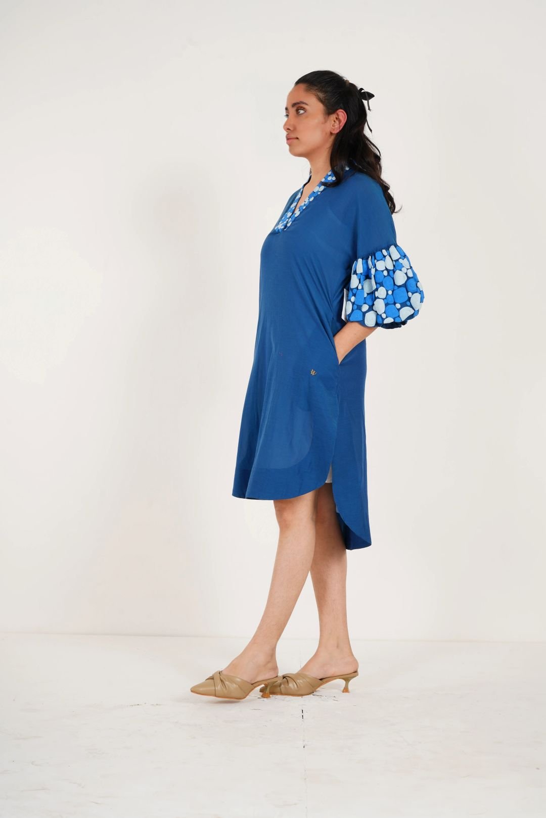Blue Embroidered Balloon Sleeves And V - Neck Collar Long Dress With Spaghetti - Western Era Dresses for women