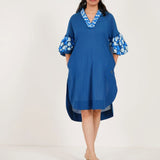 Blue Embroidered Balloon Sleeves And V - Neck Collar Long Dress With Spaghetti - Western Era Dresses for women