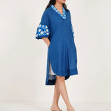 Blue Embroidered Balloon Sleeves And V - Neck Collar Long Dress With Spaghetti - Western Era Dresses for women