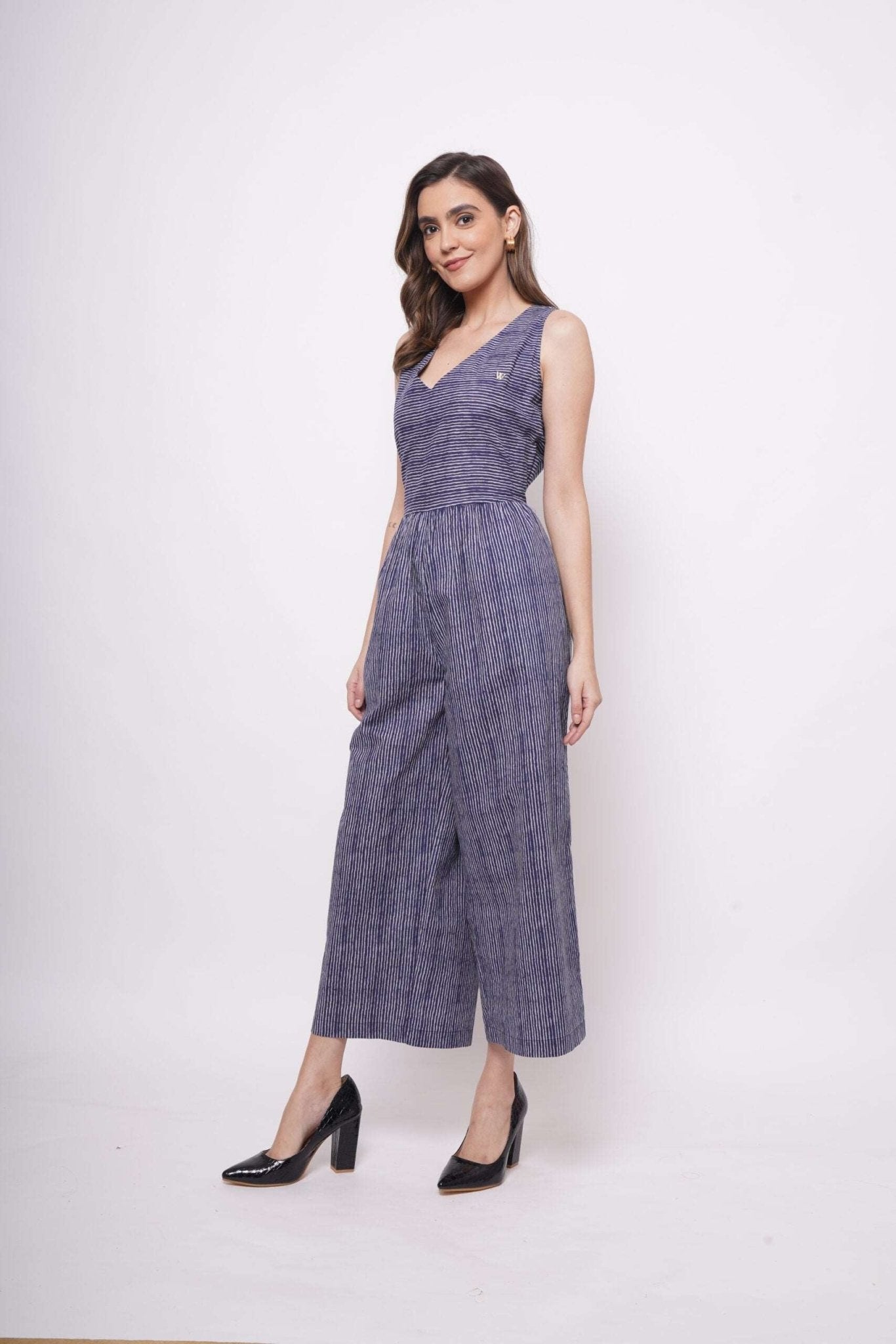 Blue White Pinstripe Sleeveless Jumpsuit - Western Era Jumpsuits for women