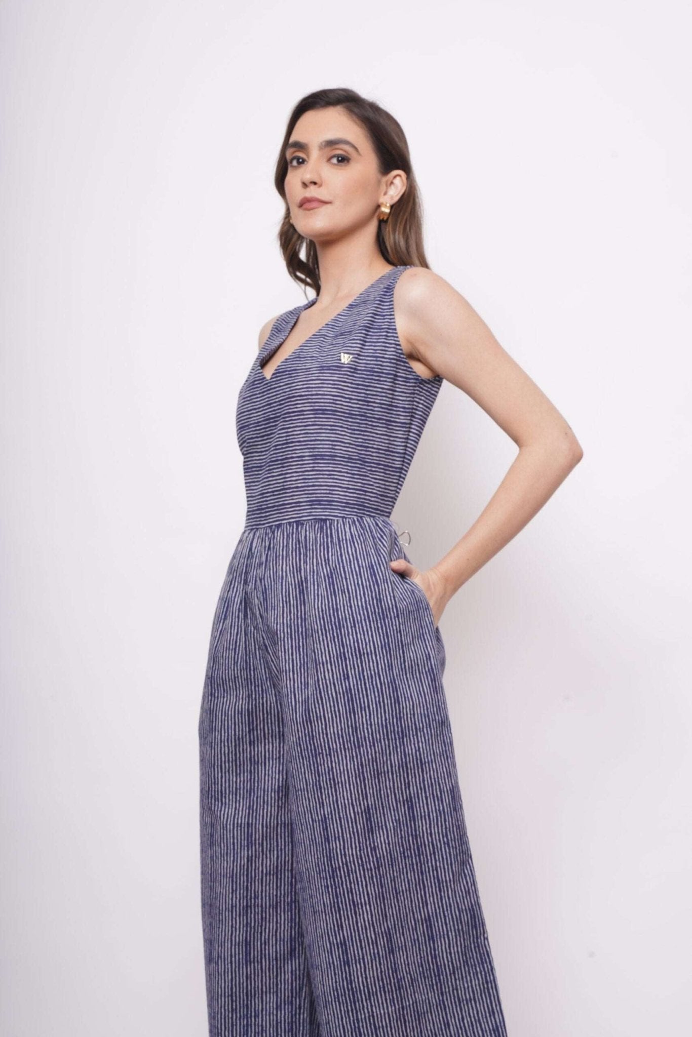 Blue White Pinstripe Sleeveless Jumpsuit - Western Era Jumpsuits for women