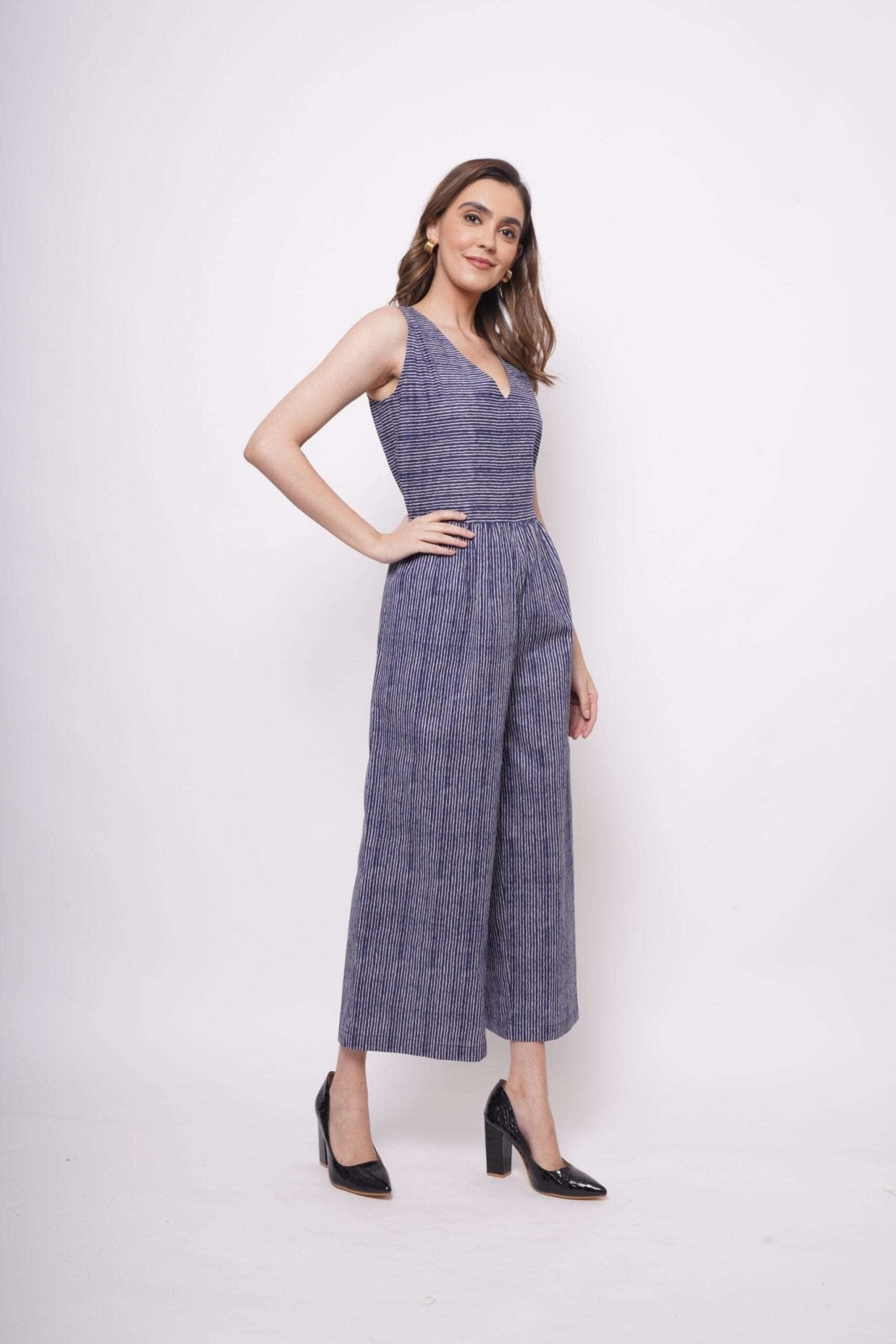 Blue White Pinstripe Sleeveless Jumpsuit - Western Era Jumpsuits for women