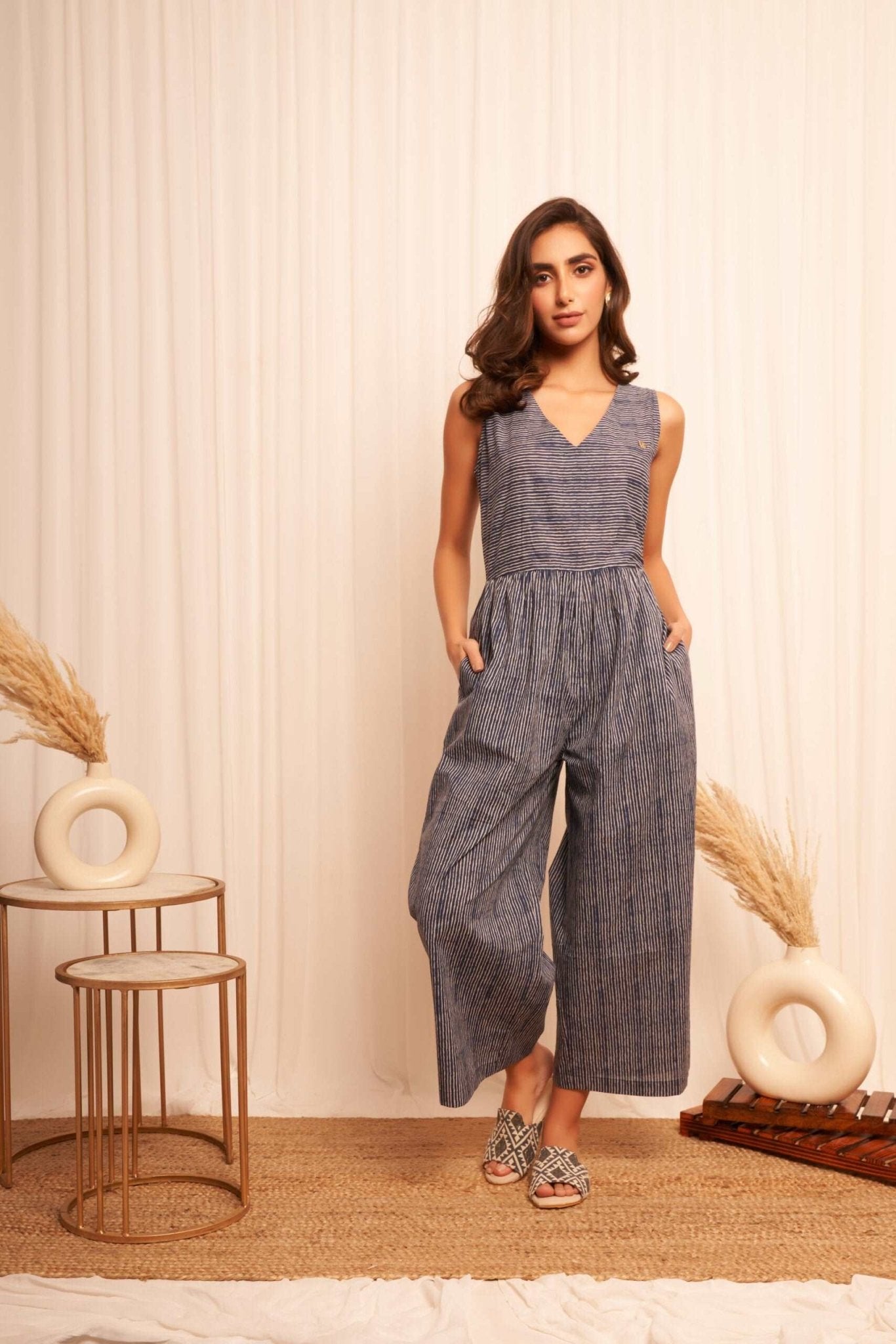 Blue White Pinstripe Sleeveless Jumpsuit - Main Image