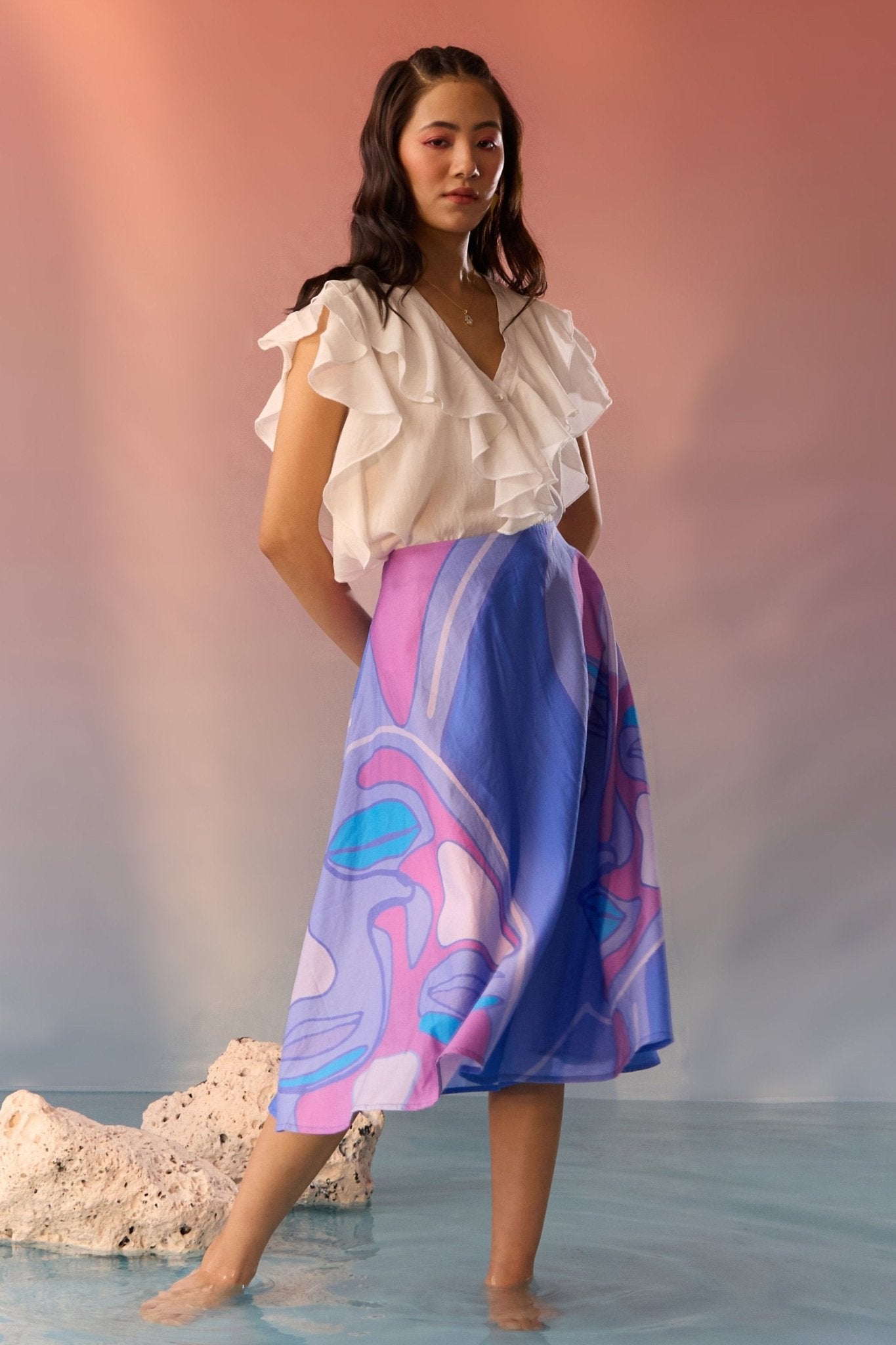 Blue Yin Yang Face Print Skirt - Western Era Bottoms for women