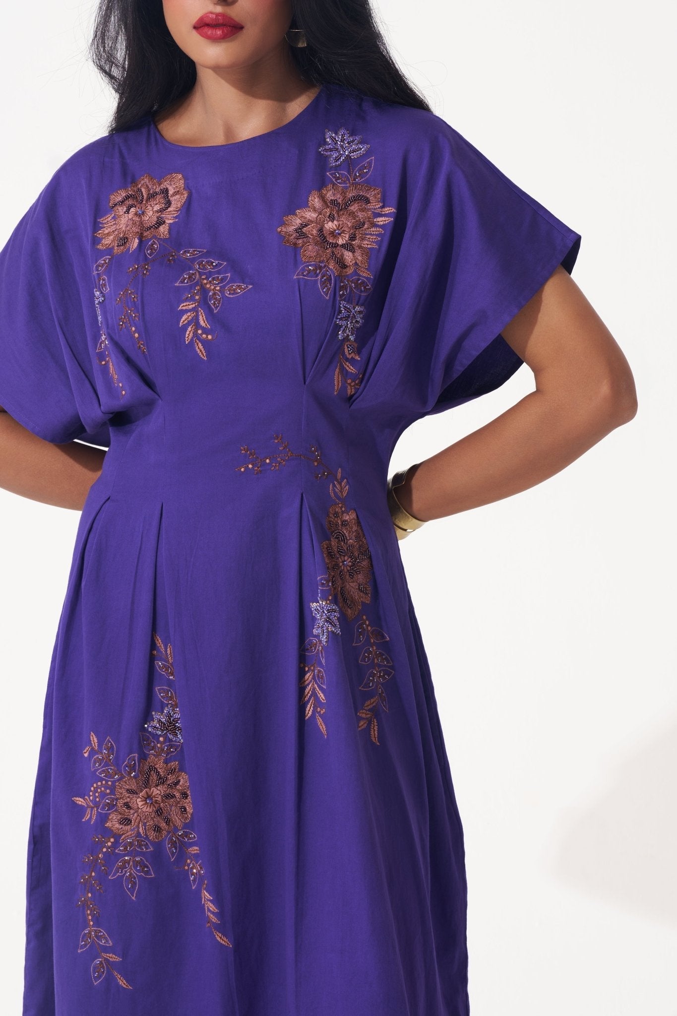 Box Pleat Cotton Midi Embroidered Dress - Western Era Dresses for women