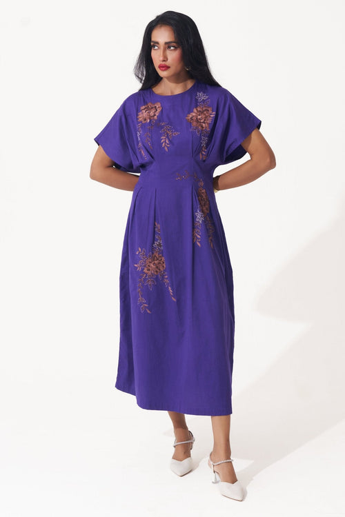 Box Pleat Cotton Midi Embroidered Dress