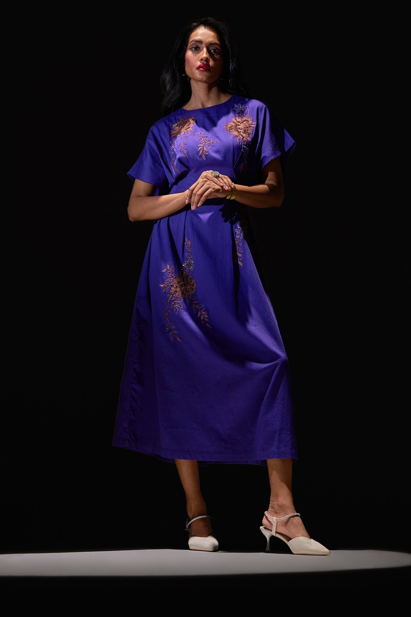 Box Pleat Cotton Midi Embroidered Dress - Western Era Dresses for women