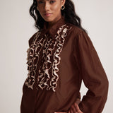 Coco Brown Cotton Full Sleeve Shirt with Front Ruffles - Western Era Tops for women