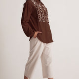 Coco Brown Cotton Full Sleeve Shirt with Front Ruffles - Western Era Tops for women