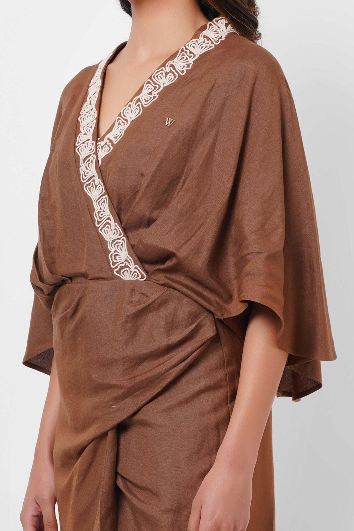 Dori Embroidery Wrap Around Brown Dress - Western Era Dresses for women