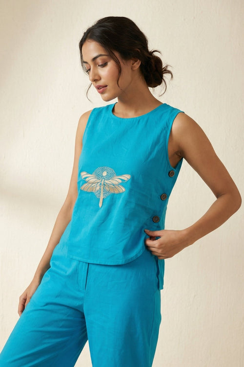 Dragonfly Embroidered Top with Side Button Styling