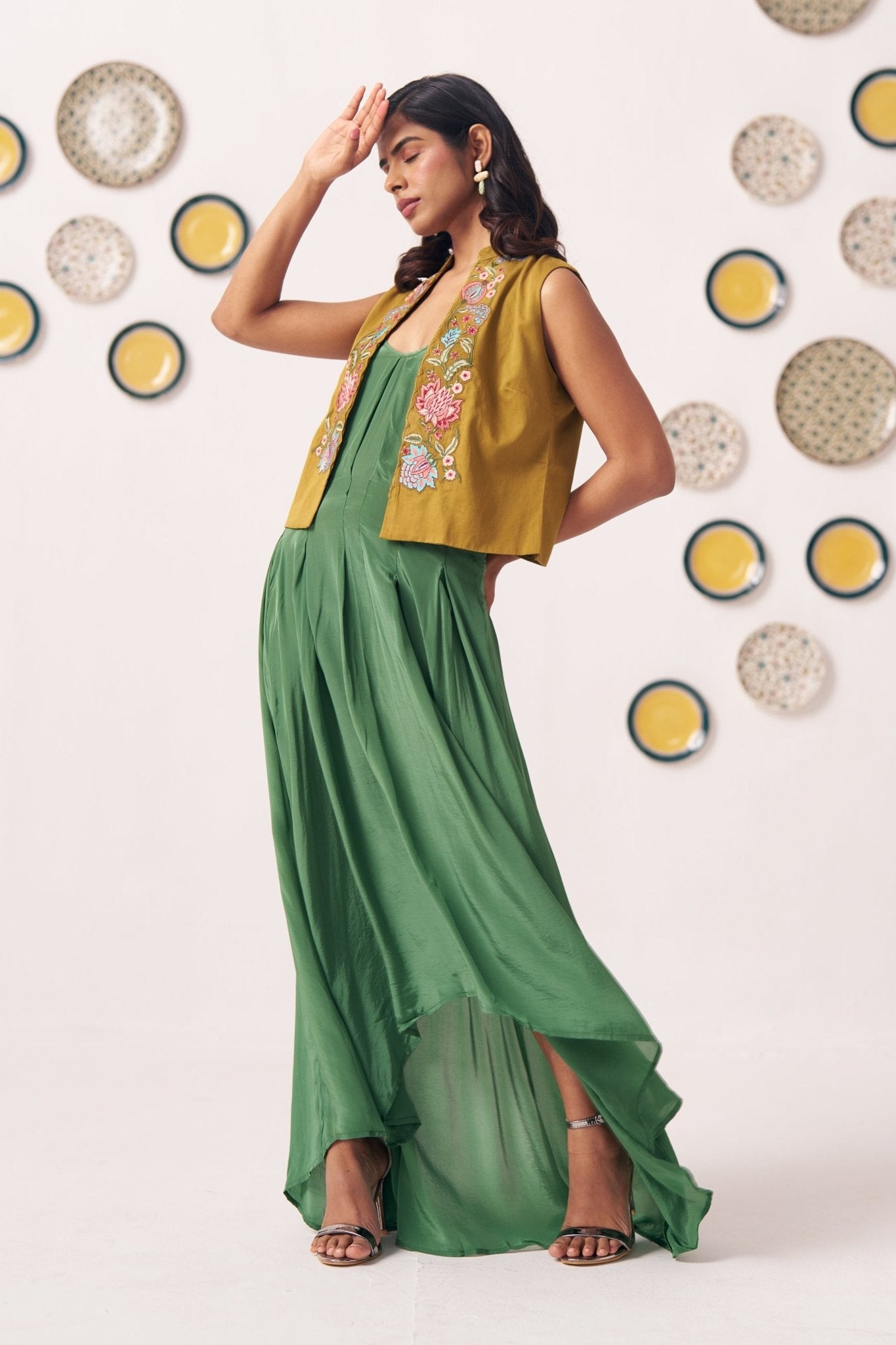 Embroidered Gold Jacket With Box pleat Strappy Dress - Western Era Dresses for women