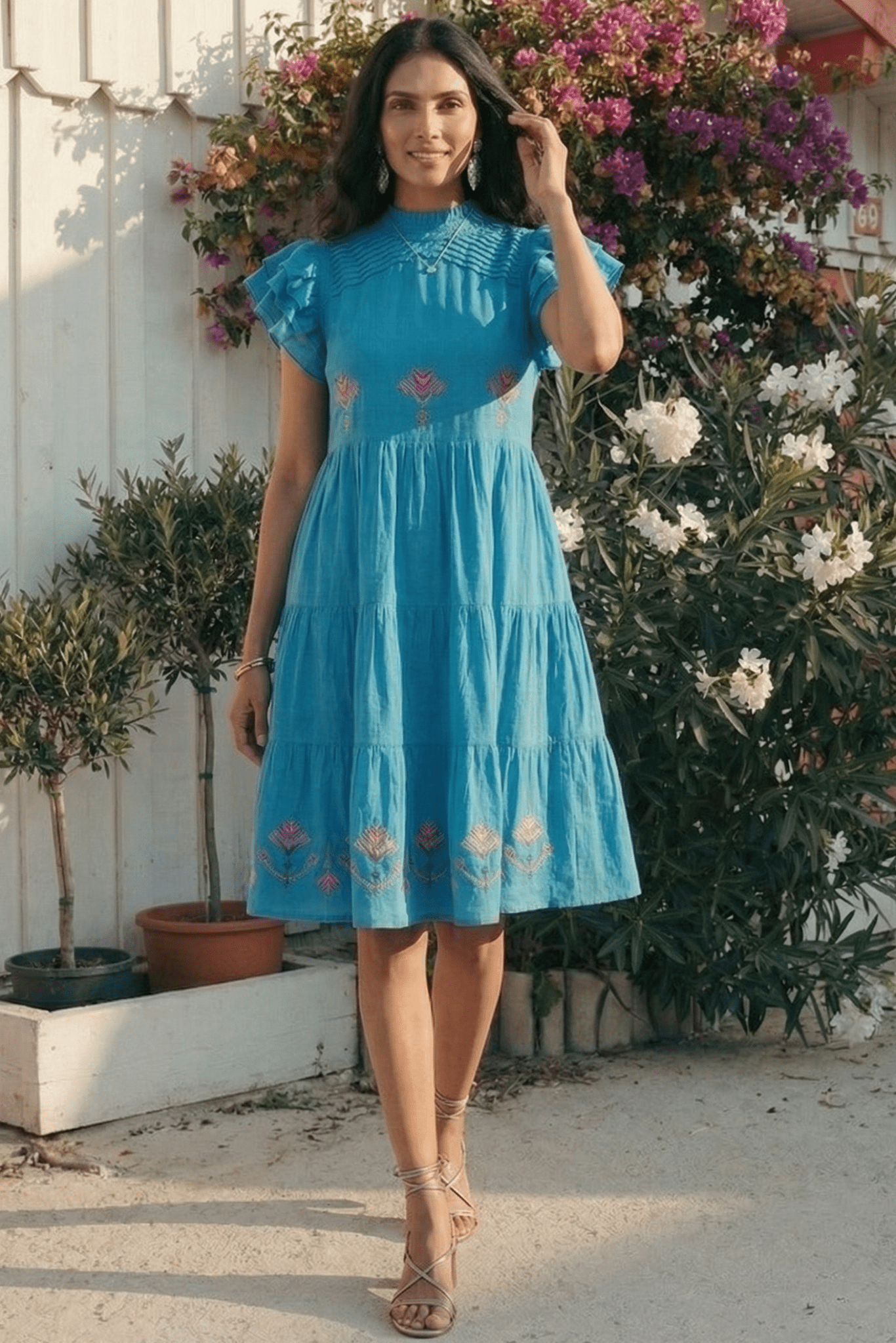 pleated yoke dress Floral pink pleated yoke dress with minute bead details