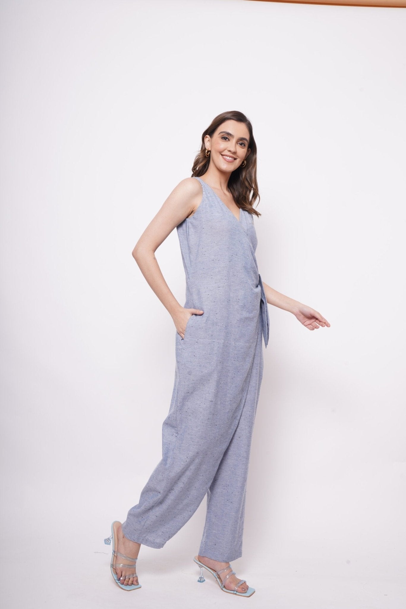 Formal Wear Side Knot Overlap Blue Jumpsuit - Western Era Jumpsuits for women