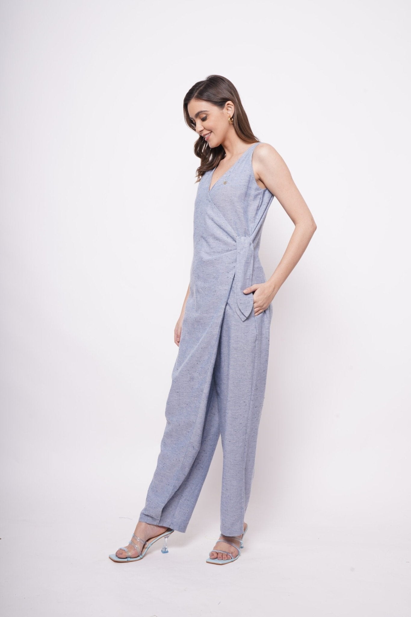 Formal Wear Side Knot Overlap Blue Jumpsuit - Western Era Jumpsuits for women