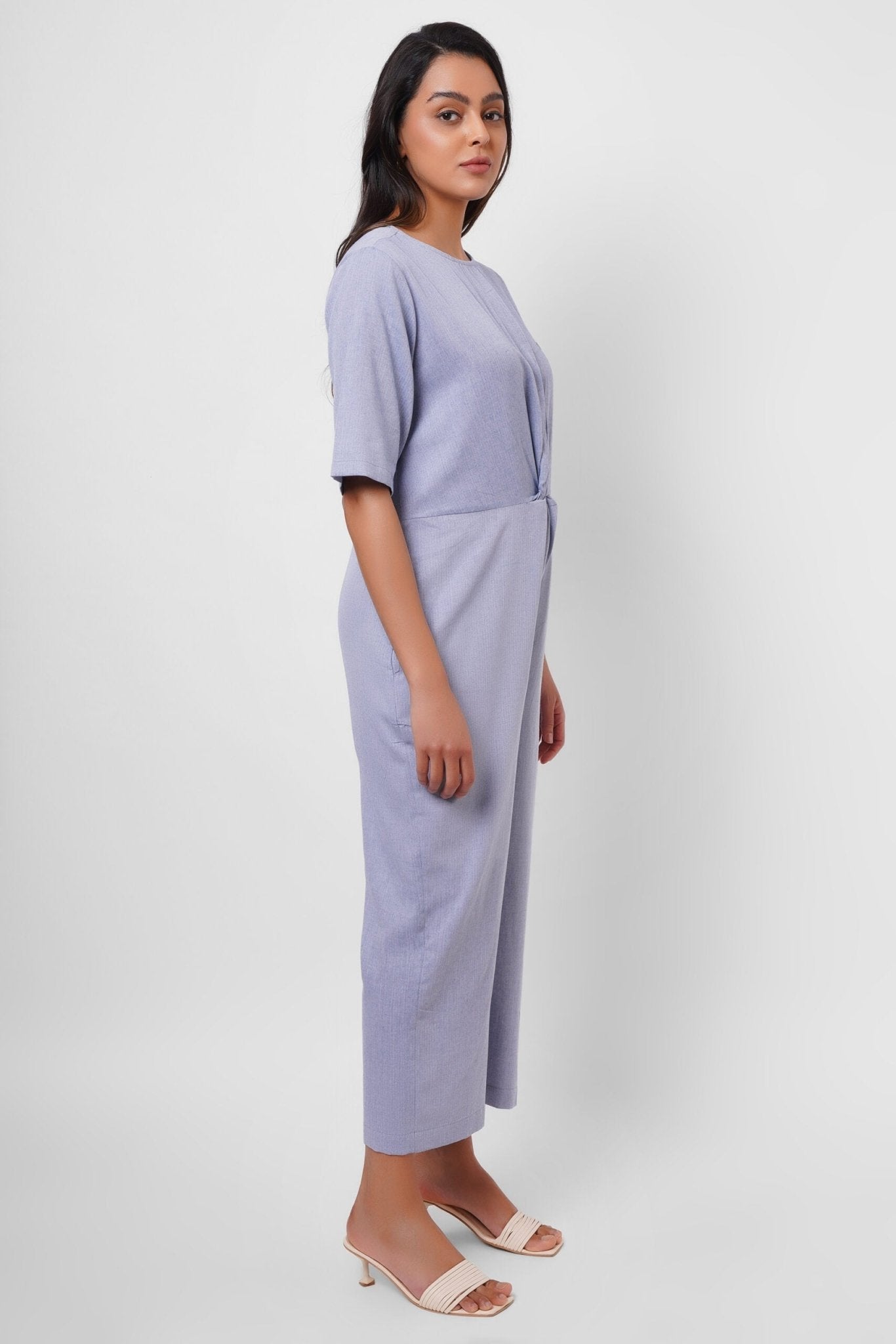 Front Twist Knot Blue Cotton Jumpsuit - Western Era Jumpsuits for women