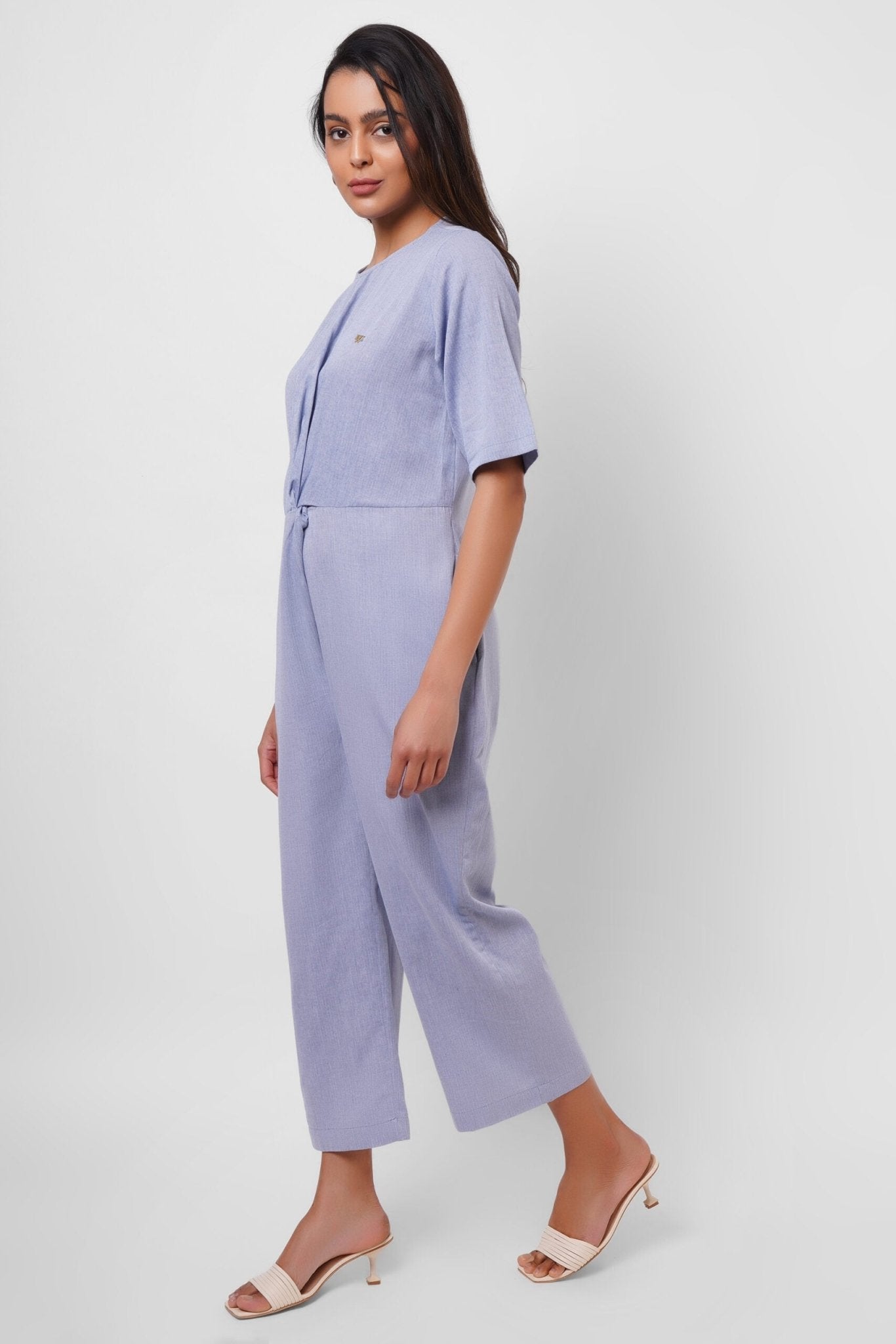 Front Twist Knot Blue Cotton Jumpsuit - Western Era Jumpsuits for women