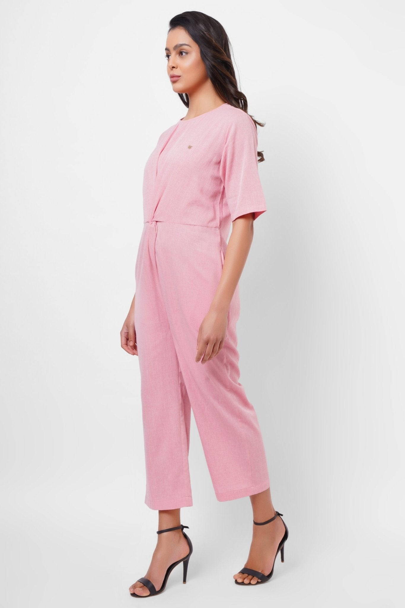 Front Twist Knot Pink Cotton Jumpsuit - Western Era Jumpsuits for women